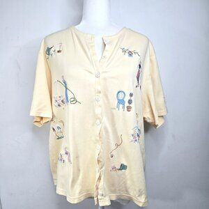 Vintage Marisa Christina Yellow Gardening Emroidered Granny Button Front Top